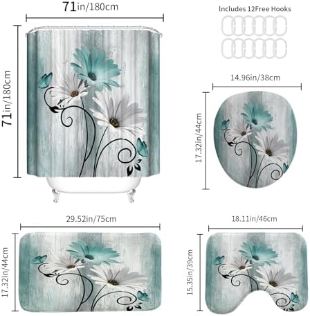 Onalasyc 4PCS Teal Daisy Floral Bathroom Sets with Shower Curtain and Rugs