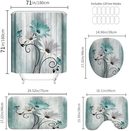 Onalasyc 4PCS Teal Daisy Floral Bathroom Sets with Shower Curtain and Rugs