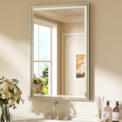 Keonjinn Brushed Nickel Bathroom Mirror 24 x 36 Inch, Aluminum Alloy Frame