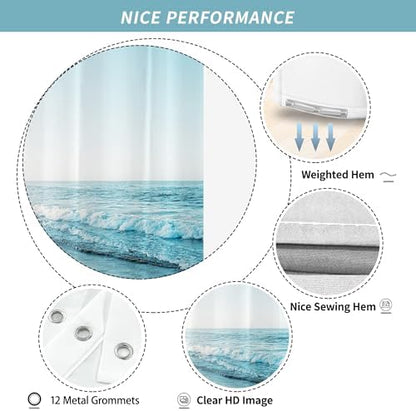 Ocean Beach Coastal Seaside Shower Curtain for Bathroom 72W*72H Inch Nautical Summer Seacoast Beachy Waves Bathtub Decor Seascape Neutral Waterproof Polyester Fabric Set with 12 Hooks