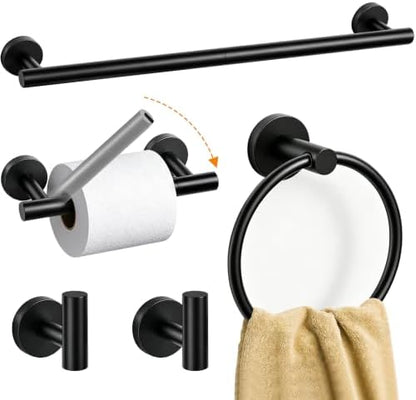 5 Piece Matte Black Bathroom Hardware Accessories Set, 24" Towel Bar Set