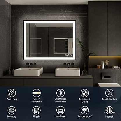 ISKM 60x30 Framed LED Bathroom Mirror, Dimmable Front & Backlit, Anti-Fog