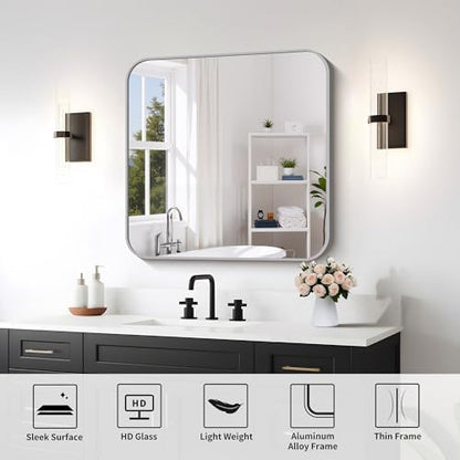 FORBATH 30x30 Inch Silver Bathroom Mirror for Over Sink, Large Square Wall Mirror with Metal Frame, Rounded Corners for Bathroom, Bedroom, Entryway Decor (Horizontal or Vertical)
