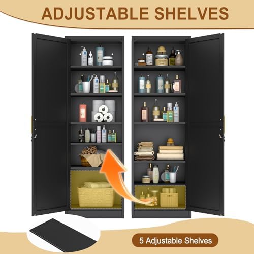 Tall Metal Narrow Bathroom Storage Locker Cabinet 67" H, Black Kitchen Pantry Cabinets,File Cabinet Organizer with 5 Adjustable Shelves and Lockable Doors for Kitchen Home Office Living Dining Room