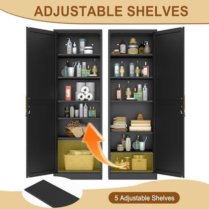 Tall Metal Narrow Bathroom Storage Locker Cabinet 67" H, Black Kitchen Pantry Cabinets,File Cabinet Organizer with 5 Adjustable Shelves and Lockable Doors for Kitchen Home Office Living Dining Room