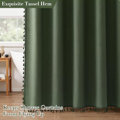 Nanspring Olive Green Boho Linen Shower Curtain for Bathroom Luxury Fancy Modern Rustic Fabric Shower Curtain Set with Hooks Farmhouse Hotel Style Bath Accessories Decor Water Repellent 72x72