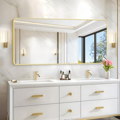 30"x60" Gold Bathroom Mirror, Large Rectangle Wall Mounted Mirror with Rounded Corner, Aluminum Metal Frame Vanity Mirror for Bathroom Bedroom Living Room