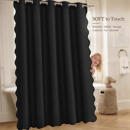 Furlinic No Hook Scalloped Linen Black Shower Curtain 72x78 Waterproof Tall