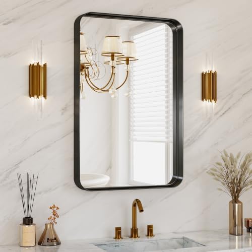 Bathroom Mirror for Wall, 30x20 Inch Rectangle Mirror,Matte Black Metal Framed Bathroom Vanity Mirror for Restroom Farmhouse, HD Tempered Glass,Anti-Rust Aluminum Alloy Mirror