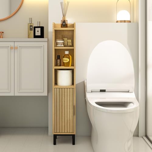 FerniTry Narrow Bathroom Storage Cabinet, Corner Toilet Paper Floor Cabinet 5 Tiers with Door and Shelves,Bathroom Organizer with Adjustable Shelf, for Small Spaces (Oak)