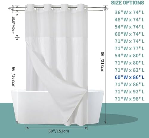 eachope No Hook Waffle Shower Curtain with Snap-in Liner, 60x86 Inch, White