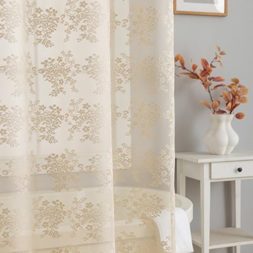 TUDECO Beige Lace Shower Curtain with Attached Valance, 72 x 72 Inch