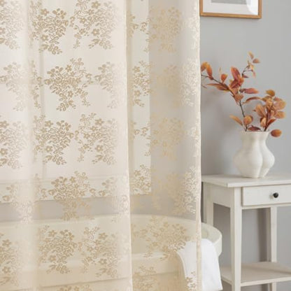 TUDECO Beige Lace Shower Curtain with Attached Valance, 72 x 72 Inch