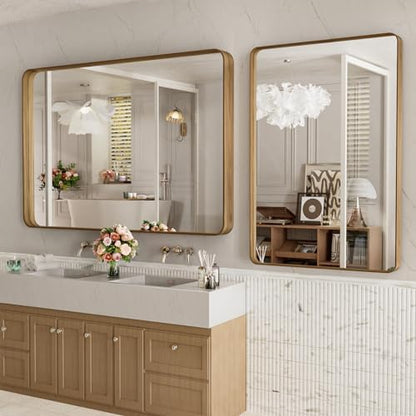 LOAAO 48X30 Inch Bathroom Mirror with Wood Grain Colored Metal Frame