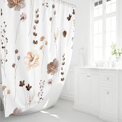 Gibelle Brown Beige Watercolor Floral Fabric Shower Curtain, 72x84