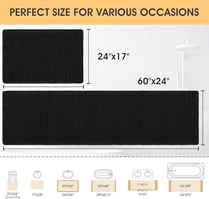 IM HOME Waffle Bath Mat Set 2 Piece Black,Woven Modern Bath Rug Mats, Absorbent Non Slip Bath Floor Mat, Soft Washable Boho Bath Rugs with Tassels for Bathroom, Bedroom, Kitchen,Tub