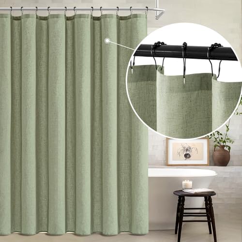 MIULEE Linen Buttonhole Fabric Shower Curtain Sage Green 72*72 Metal Hooks