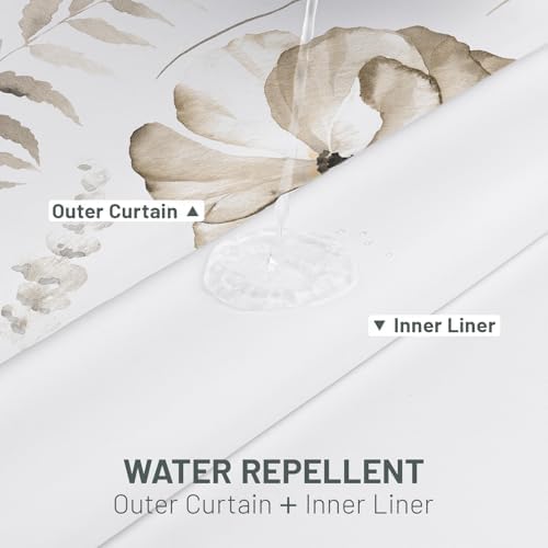 WITHLOC No Hook Floral Shower Curtain with Liner, Beige, 71x74