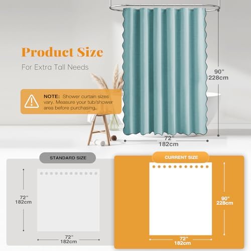 BTTN 72x90 Boho Scalloped Linen Textured Cloth Shower Curtain Set, Teal
