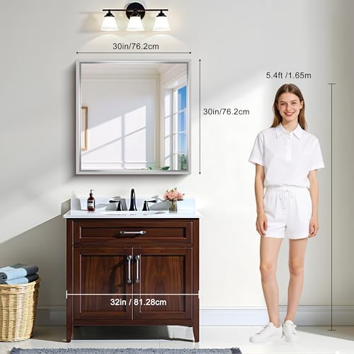 CIRCUMI 30"x30" Brushed Silver Bathroom Mirror, Square Mirror for Vanity