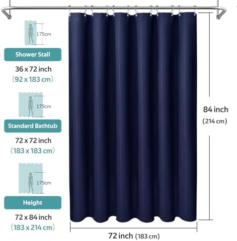 Vipfree 3 in 1 Shower Curtain Set, Waffle Shower Curtain and Liner Set with 12 Double Sided Shower Curtain Hooks, 258GSM Luxury Weighted Cloth Shower Curtains for Bathroom, 72 W x 84 H, Navy Blue