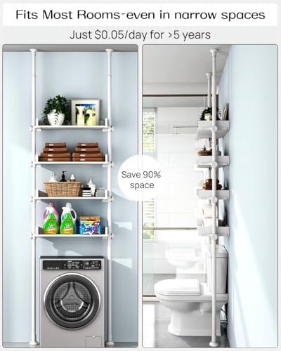 ALLZONE Bathroom Organizer, Over The Toilet Storage, 4-Tier Adjustable Wood Shelves for Small Rooms, Saver Space Rack, Narrow Cabinet, 92 to 116 Inches Tall, White