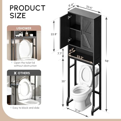 USHOWER Black Over The Toilet Storage Cabinet with Barn Doors