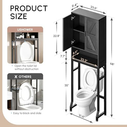 USHOWER Black Over The Toilet Storage Cabinet with Barn Doors