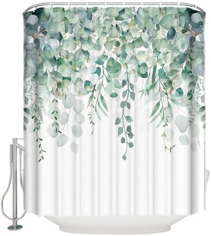 Shower Curtain Bathroom Set Green Eucalyptus Leaf on White Waterproof Shower Curtains with Grommets Hooks Fallen Leaves Watercolor Privacy Bath Curtain for Bathtub Decor 72x78in