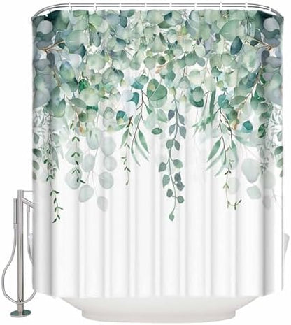 Shower Curtain Bathroom Set Green Eucalyptus Leaf on White Waterproof Shower Curtains with Grommets Hooks Fallen Leaves Watercolor Privacy Bath Curtain for Bathtub Decor 72x78in
