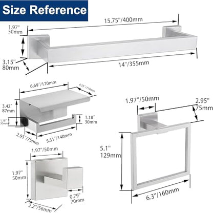 5 Pieces Bathroom Hardware Accessories Set Brushed Nickel, 16Inch Square Towel Racks Set for Bathroom, SUS304 Stainless Steel Towel Bar Set,Toilet Paper Holder with Shelf Wall Mounted