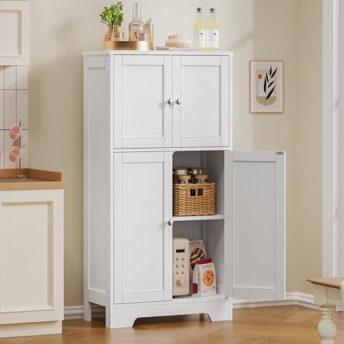 TEENFON Bathroom Floor Storage Cabinet, Freestanding Bathroom Storage Unit with 2 Adjustable Shelves & 4 Doors, White