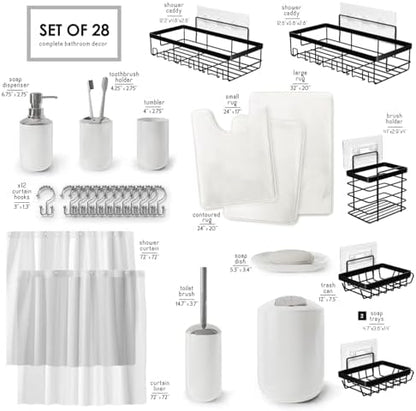 Clara Clark Bathroom Accessories Set - 28PC Bathroom Set with Adhesive Corner Shower Caddy Hanging, Bathroom Sets with Shower Curtain and Rugs, White Shower Curtain Set with Bathroom Trash Can