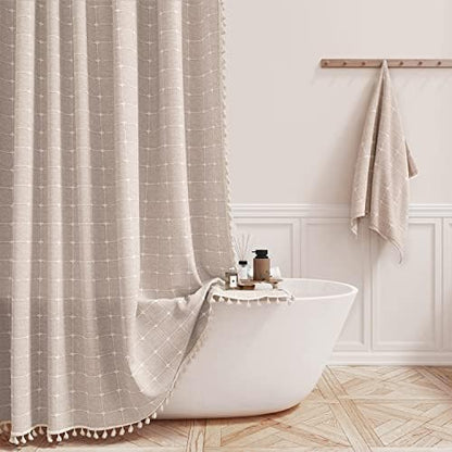 BTTN 72x78 Boho Farmhouse Linen Heavy Duty Shower Curtain Set, Tan/Taupe
