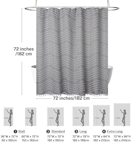 Siiluminisoy Boho Shower Curtain with Tassel Woven Fabric Grey Shower Curtain 72 x 72 Modern Farmhouse Textured Tufted Chevron Striped Minimalist Bathroom Shower Curtain Set with Hooks