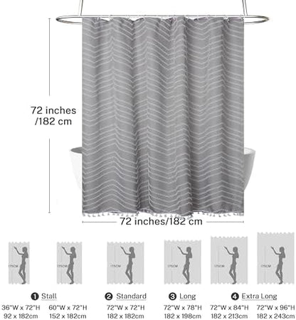 Siiluminisoy Boho Shower Curtain with Tassel Woven Fabric Grey Shower Curtain 72 x 72 Modern Farmhouse Textured Tufted Chevron Striped Minimalist Bathroom Shower Curtain Set with Hooks