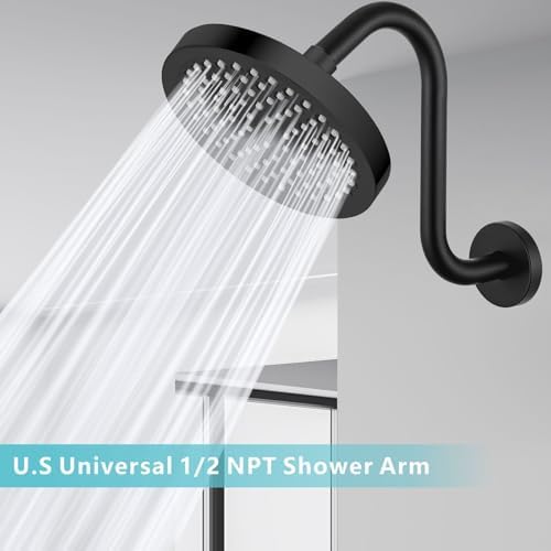 Shower Head Extension Arm with Flange, S Shaped High Rise Gooseneck Showerhead Riser Pipe, Universal Standard 1/2" Connection - Bathroom Accessory (8 Inch, Matte Black)
