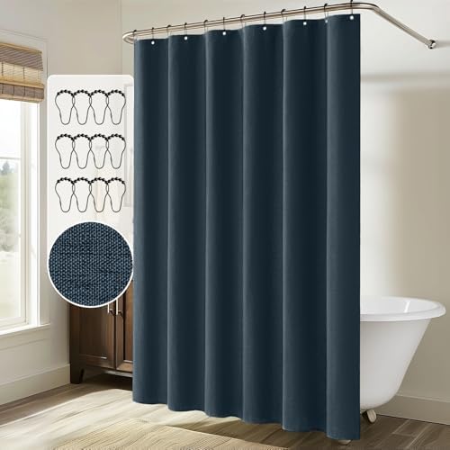 MIULEE Linen Fabric Shower Curtain Navy Blue W72*L72 12 Metal Hooks