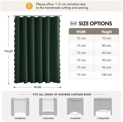 ANRODUO Dark Green Scalloped Linen Textured Shower Curtain, W72 x L72