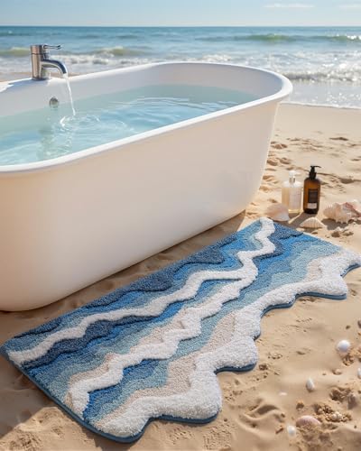 DEXI Cute Bath Mat, Sea Ocean Wave Bathroom Rugs, 43x26 Blue