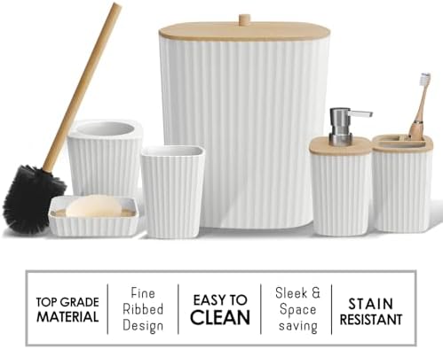 Clara Clark Bathroom Set - White Bathroom Accessories Set, 6PC Bathroom Accessory Set, Bathroom Sets with Bathroom Rugs, Toilet Brush, Trash Can & Soap Dispenser