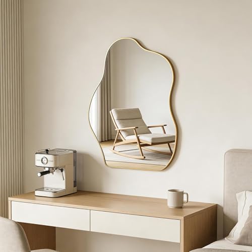 Irregular Asymmetrical Wall Mirror, 28x20 Inch Gold Bathroom Mirror