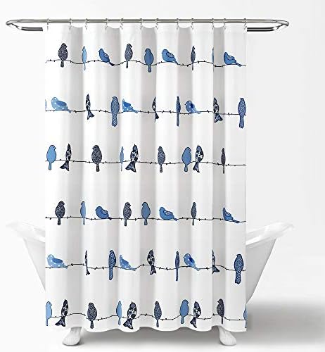 Lush Decor Rowley Birds Shower Curtain, 72” W x 72” L, Navy - Colorful Floral Bird Pattern - Whimsical & Playful Bird Shower Curtain - Farmhouse, Coastal, & Boho Bathroom Decor