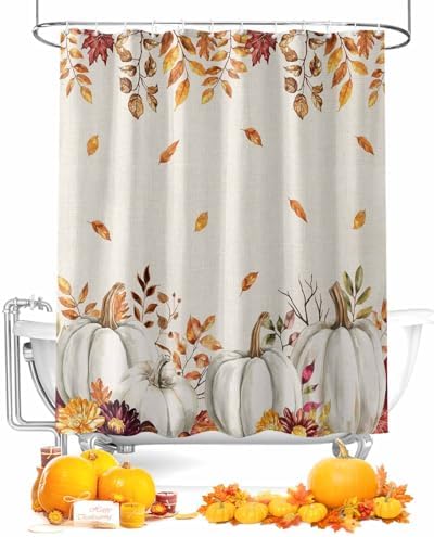 Shower Curtain Bathroom Set Thanksgiving Pumpkin Fall Orange Maple Leaf Watercolor Waterproof Shower Curtains with Grommets Hooks Vintage Linen Privacy Bath Curtain for Bathtub Decor 60x72in
