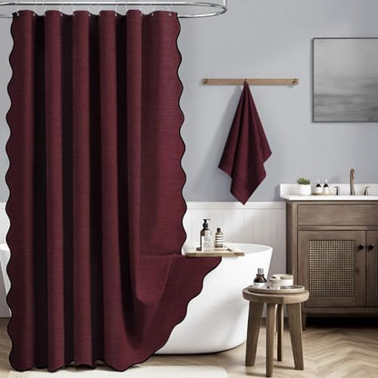 BTTN Extra Long Scalloped Linen Textured Shower Curtain, 72x96, Burgundy