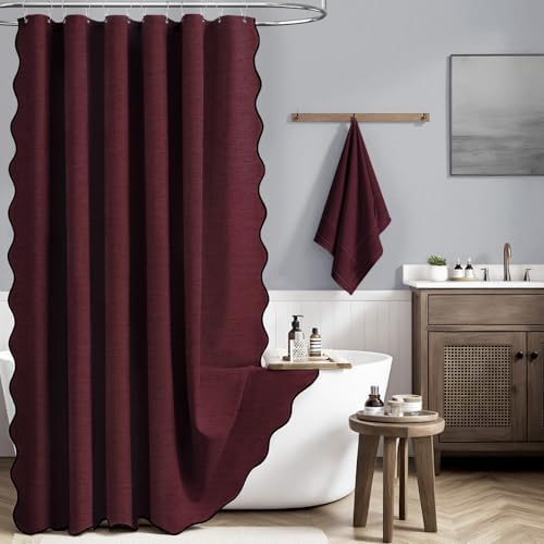 BTTN Boho Scalloped Linen Textured Cloth Shower Curtain, 72x84, Burgundy