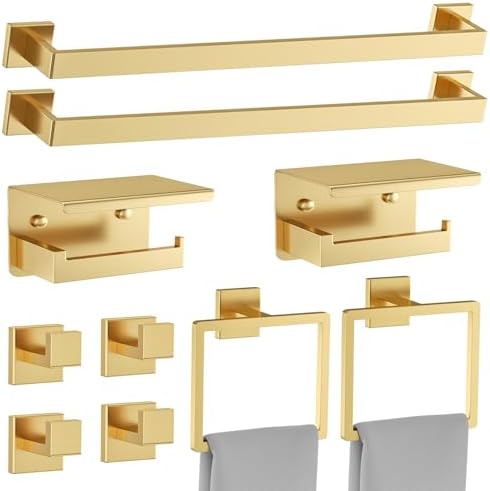 10 Pieces Brushed Gold Towel Bar Set Bathroom Hardware Accessories Set Upgraded Toilet Paper Holder Towel Holder/Racks Set for Bathroom Stainless Steel Wall Mounted 23.6in