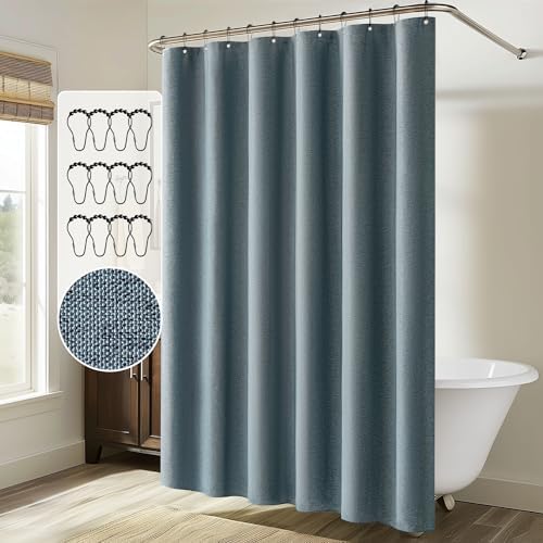 MIULEE 72 x 84 Extra Long Linen Shower Curtain Dusty Blue 12 Metal Hooks