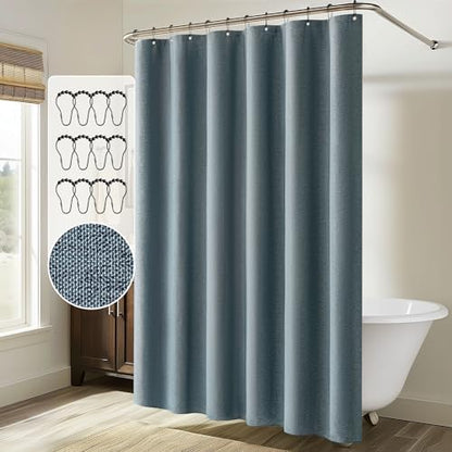 MIULEE Linen Fabric Shower Curtain Dusty Blue W72*L72 12 Metal Hooks
