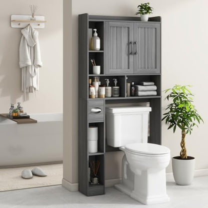 Vabches Farmhouse Over The Toilet Storage Cabinet with Barn Door, Wash Grey
